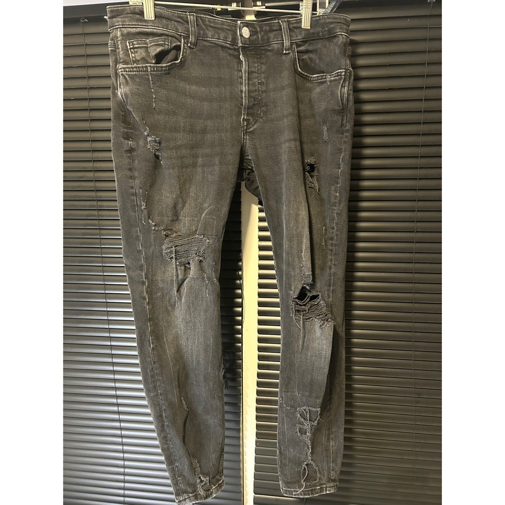 Zara Denim Jeans Mens 34 Black Distressed Ripped Skinny Casual Streetwear Pants